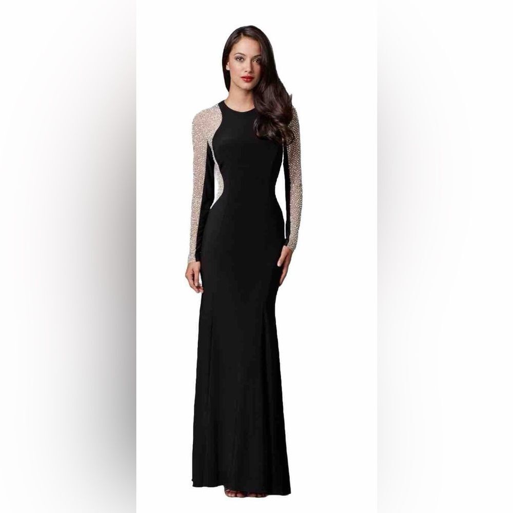XSCAPE Jersey Dress with Illusion Beaded Sleeves Evening Gown LBD 12 Rhinestone